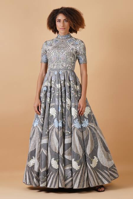 Buy Samant Chauhan Grey Cotton Silk Embroidery Floral Round High Neck Gown Online at Aza Fashions Buy_Samant Chauhan_Grey Cotton Silk Embroidery Floral Round High Neck Gown _Online_at_Aza_Fashions
