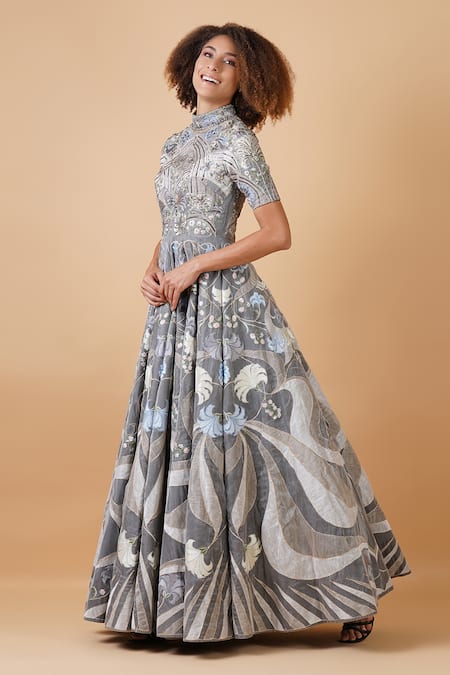 Shop Samant Chauhan Grey Cotton Silk Embroidery Floral Round High Neck Gown Online at Aza Fashions Shop_Samant Chauhan_Grey Cotton Silk Embroidery Floral Round High Neck Gown _Online_at_Aza_Fashions