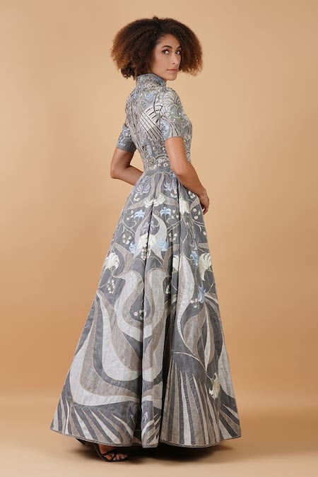 Samant Chauhan Grey Cotton Silk Embroidery Floral Round High Neck Gown at Aza Fashions Samant Chauhan_Grey Cotton Silk Embroidery Floral Round High Neck Gown _at_Aza_Fashions