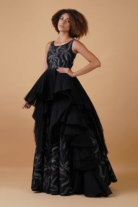 Samant Chauhan_Black Cotton Silk Embroidery Zari Round Leaf Gown _Online_at_Aza_Fashions