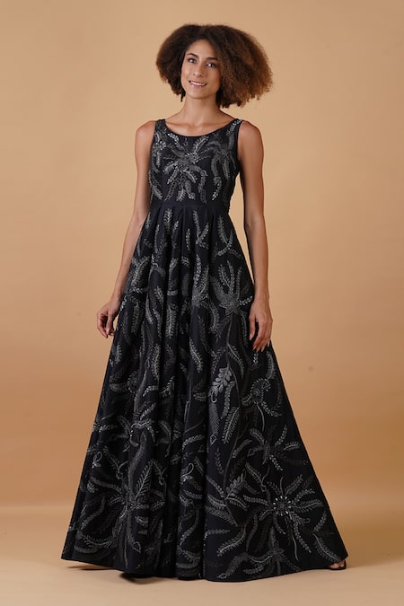 Buy_Samant Chauhan_Black Cotton Silk Embroidery Zari Round Leaf Gown _Online_at_Aza_Fashions