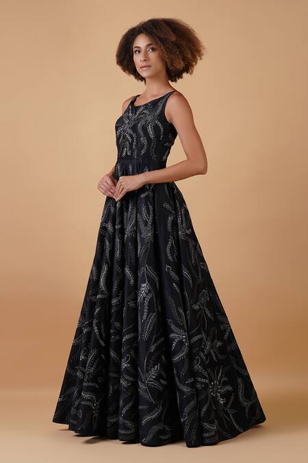 Shop_Samant Chauhan_Black Cotton Silk Embroidery Zari Round Leaf Gown _Online_at_Aza_Fashions