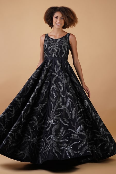 Samant Chauhan_Black Cotton Silk Embroidery Zari Round Leaf Gown _at_Aza_Fashions