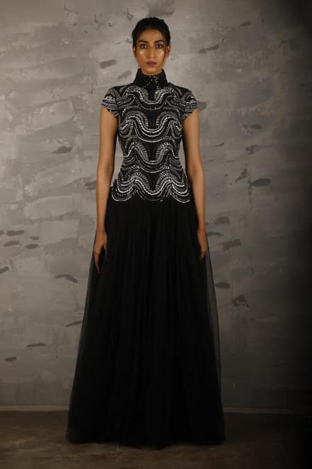 Samant Chauhan_Black Cotton Silk Embroidery Zari Round High Neck Gown _Online_at_Aza_Fashions