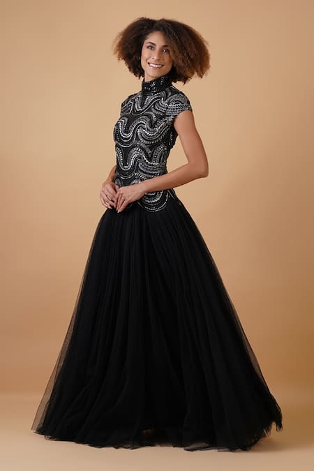 Shop_Samant Chauhan_Black Cotton Silk Embroidery Zari Round High Neck Gown _Online_at_Aza_Fashions