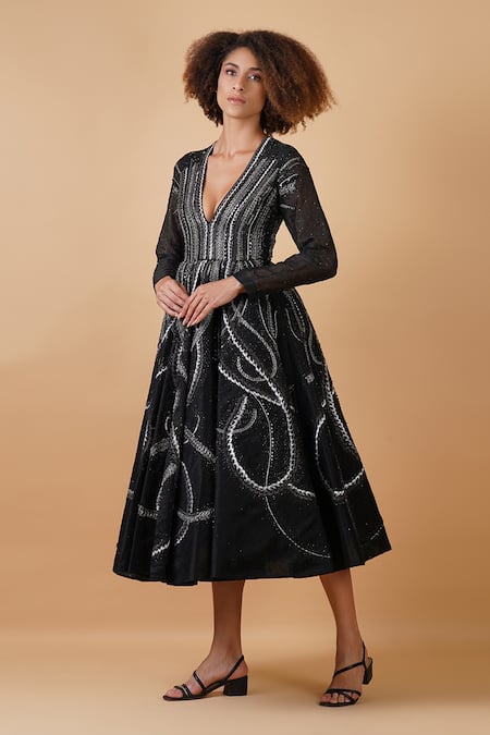 Shop_Samant Chauhan_Black Cotton Silk Embroidery Zari Plunge V Neck Dress _Online_at_Aza_Fashions