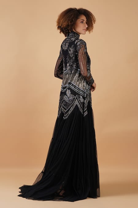 Buy_Samant Chauhan_Black Cotton Silk Embroidery Zari Round High Neck Floral Gown _Online_at_Aza_Fashions