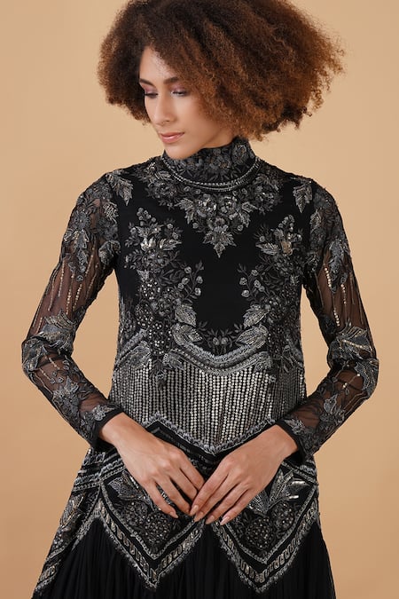 Shop_Samant Chauhan_Black Cotton Silk Embroidery Zari Round High Neck Floral Gown _Online_at_Aza_Fashions