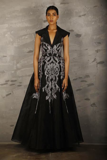 Samant Chauhan_Black Silk, Lining Leaf, Zari Plunge V Neck Embroidered Gown _Online_at_Aza_Fashions