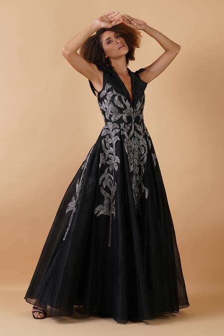 Buy_Samant Chauhan_Black Silk, Lining Leaf, Zari Plunge V Neck Embroidered Gown _Online_at_Aza_Fashions