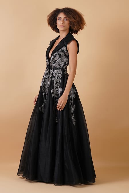 Shop_Samant Chauhan_Black Silk, Lining Leaf, Zari Plunge V Neck Embroidered Gown _Online_at_Aza_Fashions