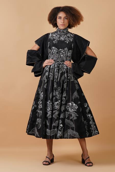 Samant Chauhan_Black Cotton Silk Embroidery Sequin Round High Neck Floral Dress _Online_at_Aza_Fashions