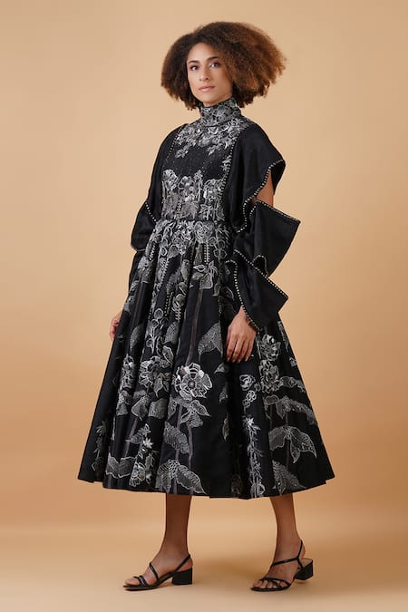 Buy_Samant Chauhan_Black Cotton Silk Embroidery Sequin Round High Neck Floral Dress _Online_at_Aza_Fashions