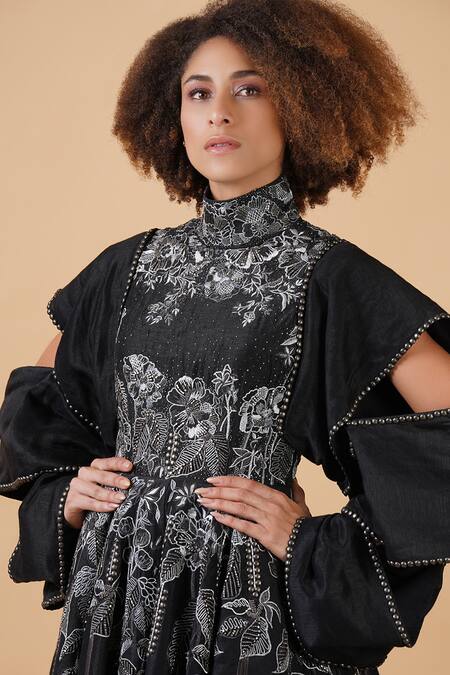Shop_Samant Chauhan_Black Cotton Silk Embroidery Sequin Round High Neck Floral Dress _Online_at_Aza_Fashions