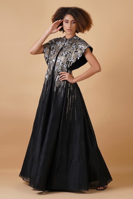 Samant Chauhan_Black Cotton Silk Embroidery Sequin Round Gown _Online_at_Aza_Fashions