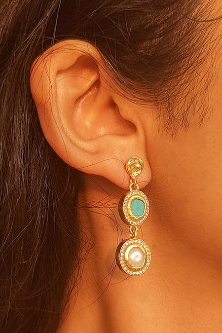 Shop Zariin Gold Plated Crystals, Pearls, Stones Tiered Studded Danglers at Aza Fashions Shop_Zariin_Gold Plated Crystals, Pearls, Stones Tiered Studded Danglers _at_Aza_Fashions