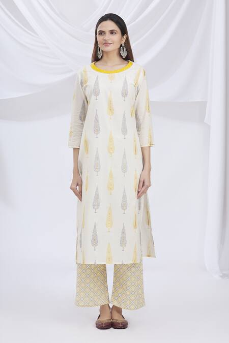 Nazaakat By Samara Singh_White Cotton Round Printed Kurta And Pant Set _Online_at_Aza_Fashions