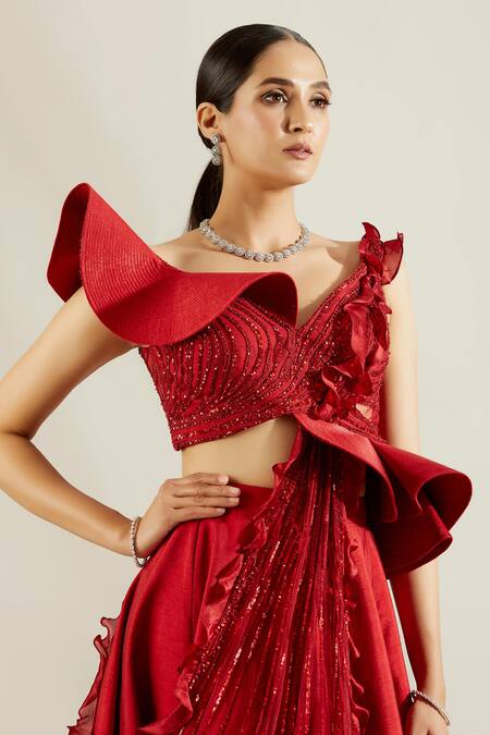 Shop_Adaara Couture_Red Raw Silk, Net Asymmetric Embellished Lehenga And Blouse Set _Online_at_Aza_Fashions
