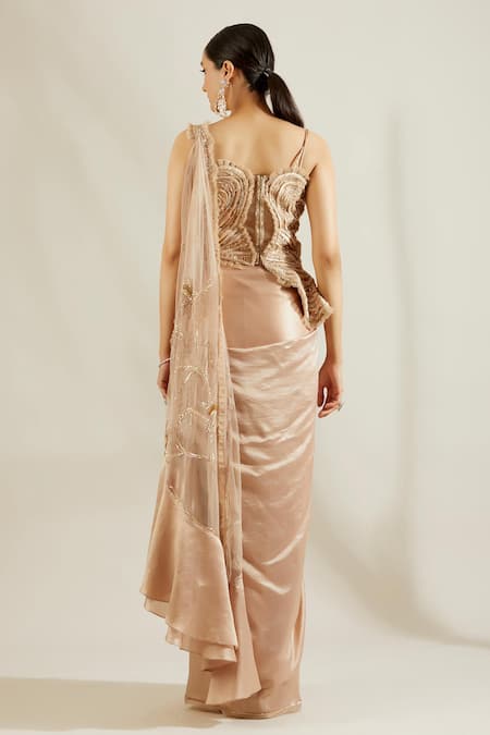 Shop_Adaara Couture_Gold Raw Silk, Net Asymmetric Pre-draped Dhoti Saree With Top _at_Aza_Fashions