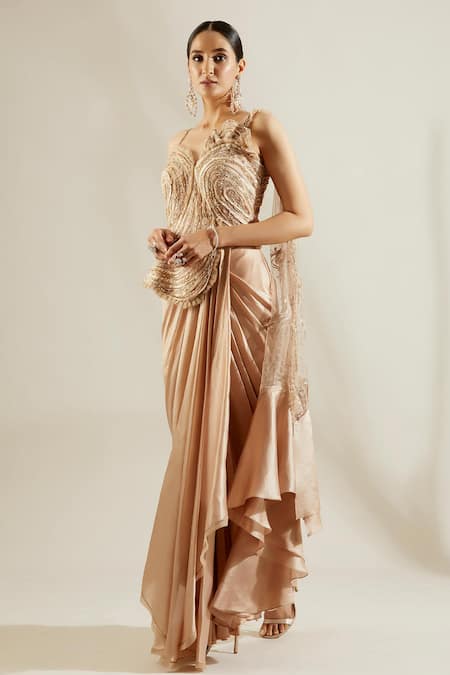 Buy_Adaara Couture_Gold Raw Silk, Net Asymmetric Pre-draped Dhoti Saree With Top _Online_at_Aza_Fashions