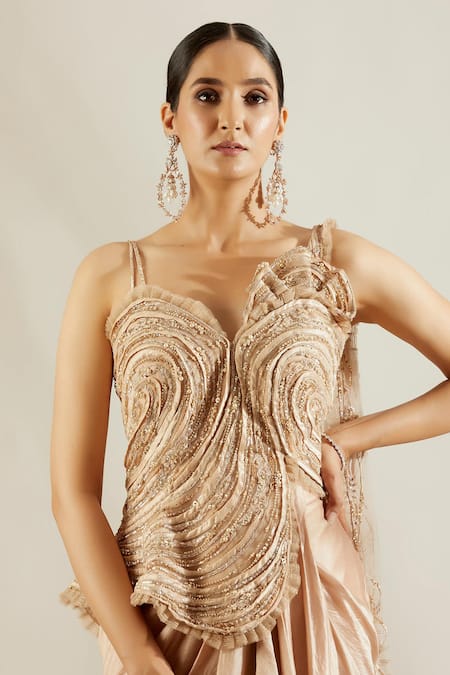 Shop_Adaara Couture_Gold Raw Silk, Net Asymmetric Pre-draped Dhoti Saree With Top _Online_at_Aza_Fashions