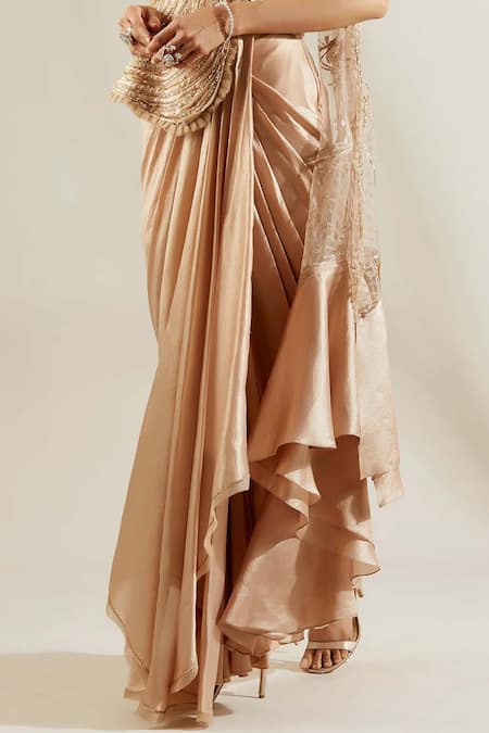 Adaara Couture_Gold Raw Silk, Net Asymmetric Pre-draped Dhoti Saree With Top _at_Aza_Fashions