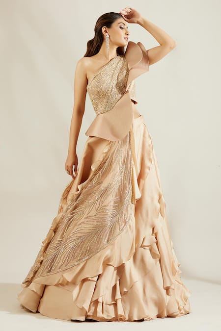 Adaara Couture_Gold Raw Silk, Net Asymmetric Embellished One Shoulder Lehenga Set _Online_at_Aza_Fashions
