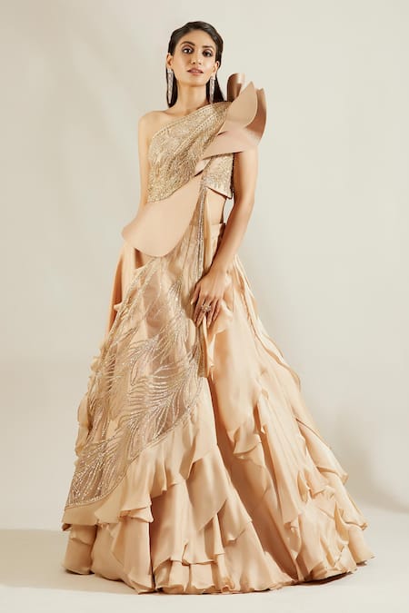 Buy_Adaara Couture_Gold Raw Silk, Net Asymmetric Embellished One Shoulder Lehenga Set _Online_at_Aza_Fashions