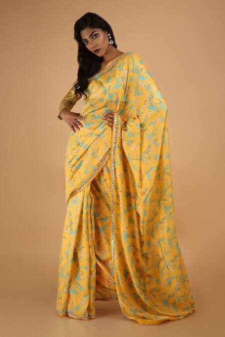 Saksham & Neharicka_Yellow Cotton Silk Chiffon Saree_Online_at_Aza_Fashions