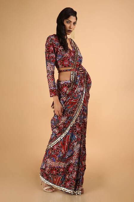 Saksham & Neharicka_Red Floral Chanderi Printed Saree With Unstitched Blouse Fabric_Online_at_Aza_Fashions