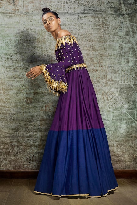 Buy_Salian By Anushree_Blue Anarkali And Belt Silk Dupatta Satin With_Online_at_Aza_Fashions