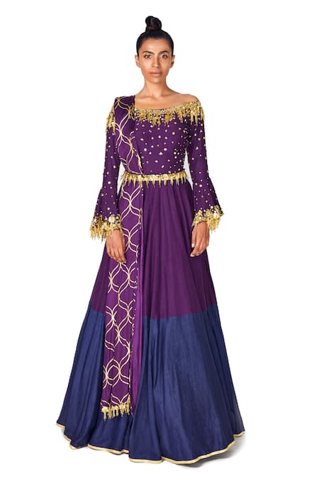 Shop_Salian By Anushree_Blue Anarkali And Belt Silk Dupatta Satin With_Online_at_Aza_Fashions