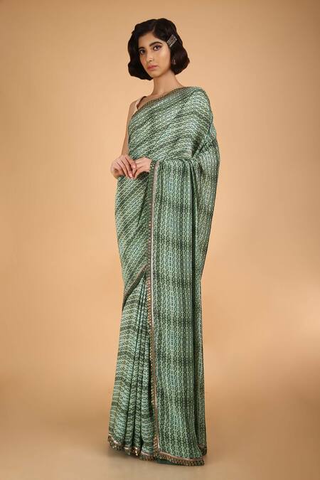 Saksham & Neharicka_Green Cotton Silk Chiffon Saree_Online_at_Aza_Fashions