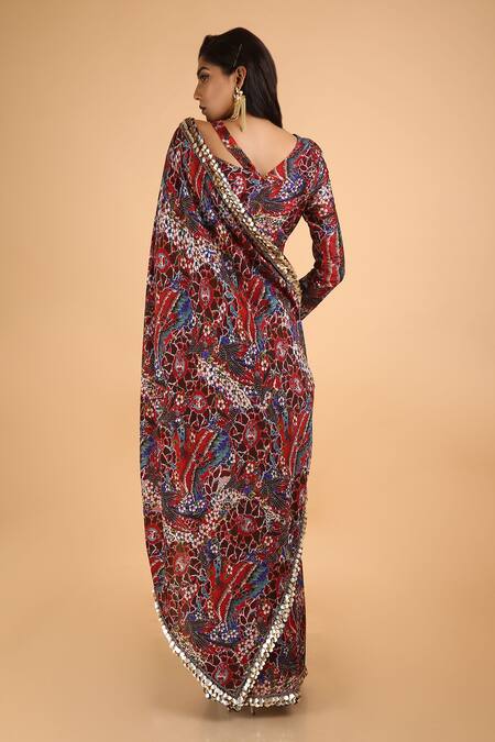 Shop_Saksham & Neharicka_Red Floral Chanderi Printed Saree With Unstitched Blouse Fabric_at_Aza_Fashions