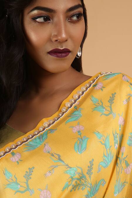 Buy_Saksham & Neharicka_Yellow Cotton Silk Chiffon Saree_Online_at_Aza_Fashions