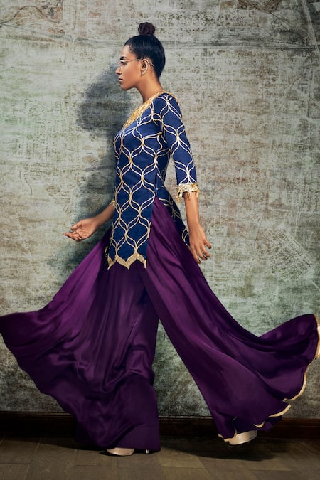 Salian By Anushree_Blue Kurta And Palazzo Satin Dupatta Net Embroidery Round Printed Short Set_Online_at_Aza_Fashions