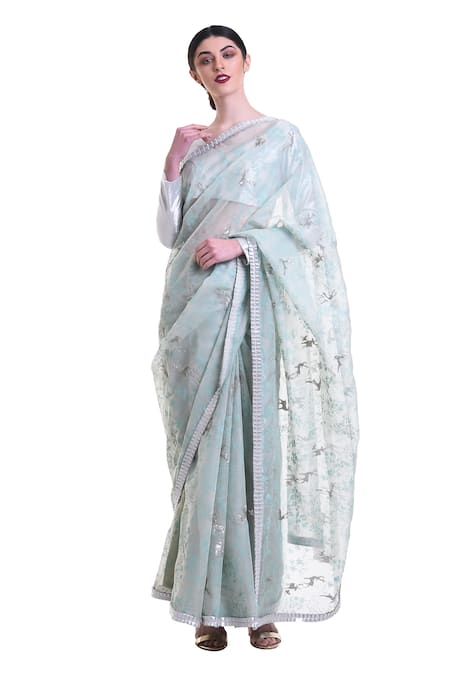 Buy Saksham & Neharicka Blue Organza Printed Saree at Aza Fashions Buy_Saksham & Neharicka_Blue Organza Printed Saree_at_Aza_Fashions