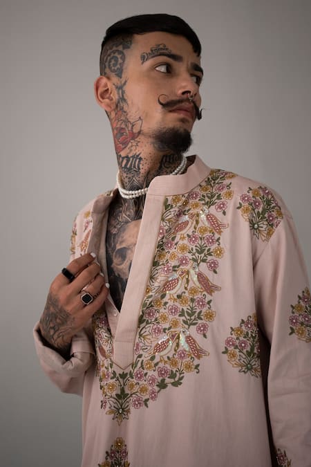 Buy_Wabi Sabi By Anshum-Ritesh_Beige Chanderi Bird, Cutdana, Floral, Sequin, Aari, Bead Embroidered Kurta Set _Online_at_Aza_Fashions