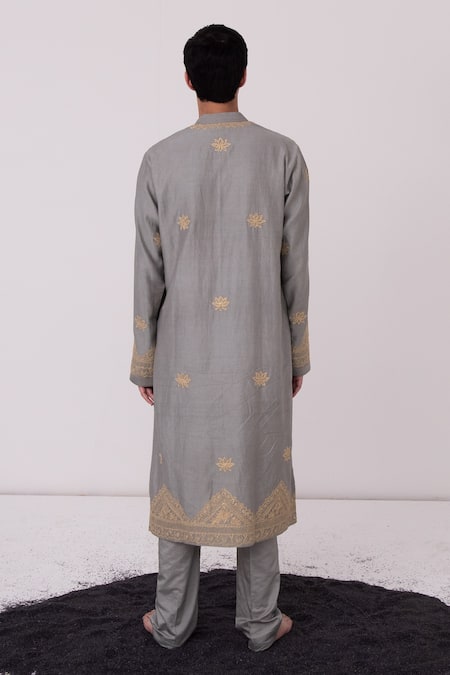 Shop Wabi Sabi By Anshum-Ritesh Silver Chanderi Dori, Lotus, Marodi Embroidered Kurta Set at Aza Fashions Shop_Wabi Sabi By Anshum-Ritesh_Silver Chanderi Dori, Lotus, Marodi Embroidered Kurta Set _at_Aza_Fashions