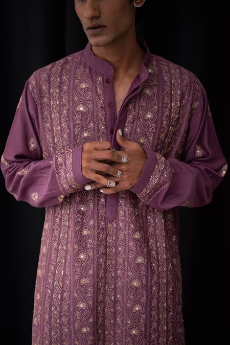 Buy_Wabi Sabi By Anshum-Ritesh_Purple Chanderi Cutdana, Floral, Sequin, Thread, Aari, Embroidered Kurta Set _Online_at_Aza_Fashions