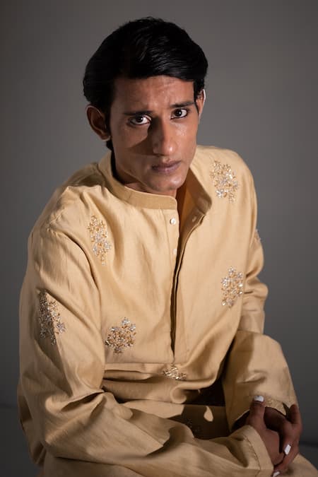 Buy_Wabi Sabi By Anshum-Ritesh_Beige Chanderi Cutdana, Kasab, Sequin, Bead Embroidered Kurta Set _Online_at_Aza_Fashions