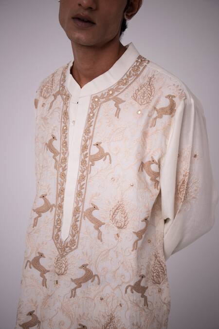Buy_Wabi Sabi By Anshum-Ritesh_Ivory Chanderi Cutdana, Mirror, Sequin, Aari, Bead, Embroidered Kurta Set _Online_at_Aza_Fashions