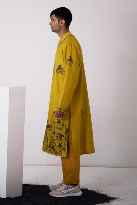 Wabi Sabi By Anshum-Ritesh_Yellow Chanderi Cutdana, Sequin, Aari, Bead, Flock Parrot Embroidered Kurta Set _Online_at_Aza_Fashions