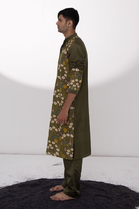 Wabi Sabi By Anshum-Ritesh_Green Chanderi Aari, Garden Embroidered Kurta Set _Online_at_Aza_Fashions
