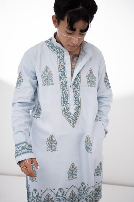 Buy_Wabi Sabi By Anshum-Ritesh_Blue Chanderi Floral, Aari Embroidered Kurta Set _Online_at_Aza_Fashions