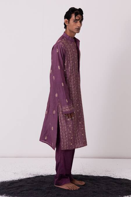 Wabi Sabi By Anshum-Ritesh_Purple Chanderi Cutdana, Floral, Sequin, Thread, Aari, Embroidered Kurta Set _Online_at_Aza_Fashions