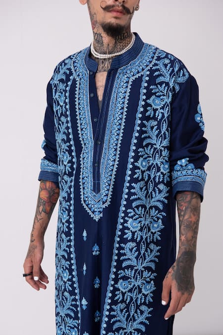 Buy_Wabi Sabi By Anshum-Ritesh_Blue Chanderi Cutdana, Floral, Sequin, Aari, Bead Embroidered Kurta Set _Online_at_Aza_Fashions