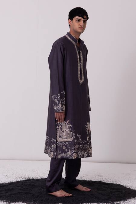 Wabi Sabi By Anshum-Ritesh_Grey Chanderi Cutdana, Sequin, Aari, Bead, Merry Mermaid Embroidered Kurta Set _Online_at_Aza_Fashions