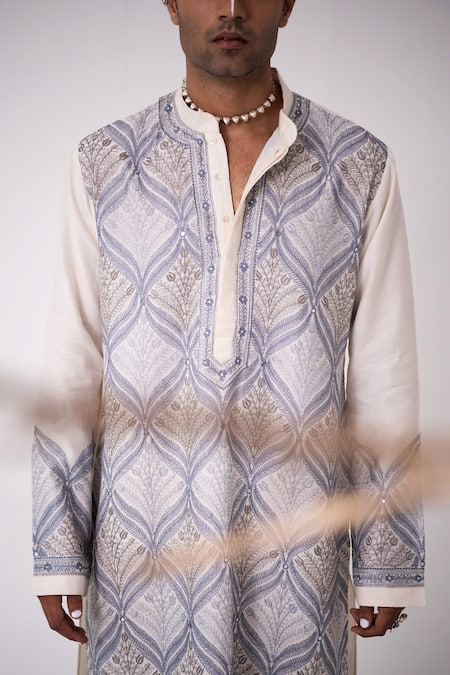 Buy_Wabi Sabi By Anshum-Ritesh_Ivory Chanderi Cutdana, Leaf, Sequin, Aari, Bead Embroidered Kurta Set _Online_at_Aza_Fashions