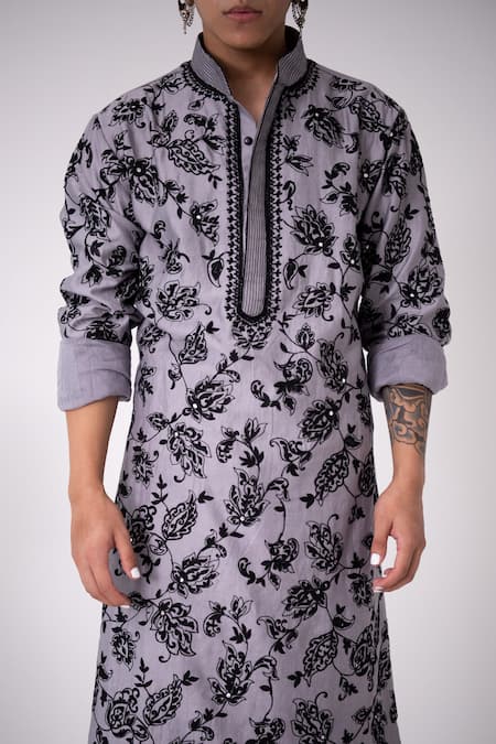 Buy_Wabi Sabi By Anshum-Ritesh_Grey Chanderi Cutdana, Floral, Sequin, Aari, Bead Embroidered Kurta Set _Online_at_Aza_Fashions